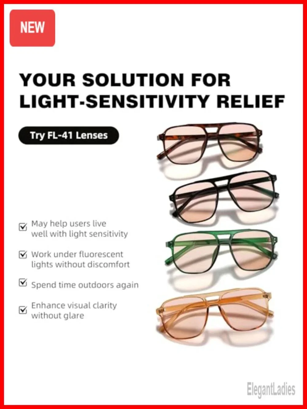 FL-41 Migraine Glasses for Light Sensitivity Photophobia Indoor Outdoor LED